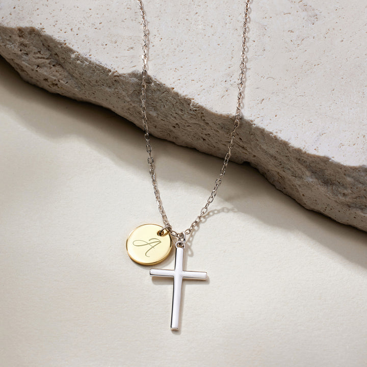 Sterling Silver Engravable Two Tone Cross Necklace
