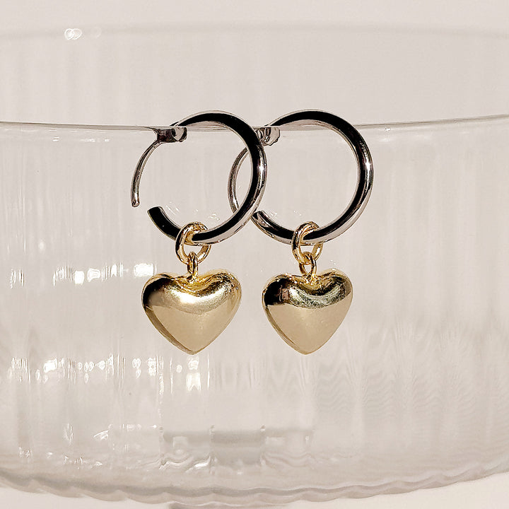 Sterling Silver Two Tone Puffy Heart Huggies