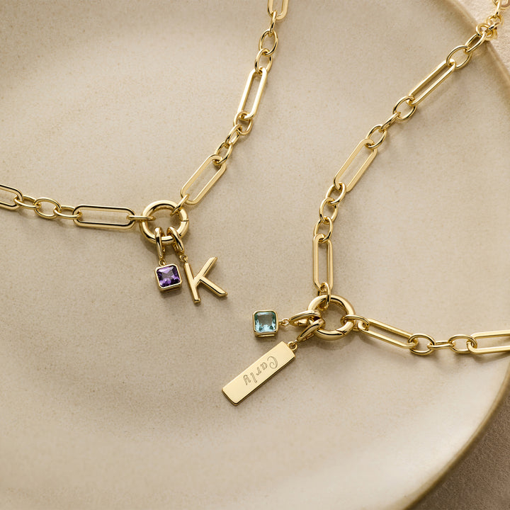 Engravable Birthstone Bar Paperclip Charm Necklace