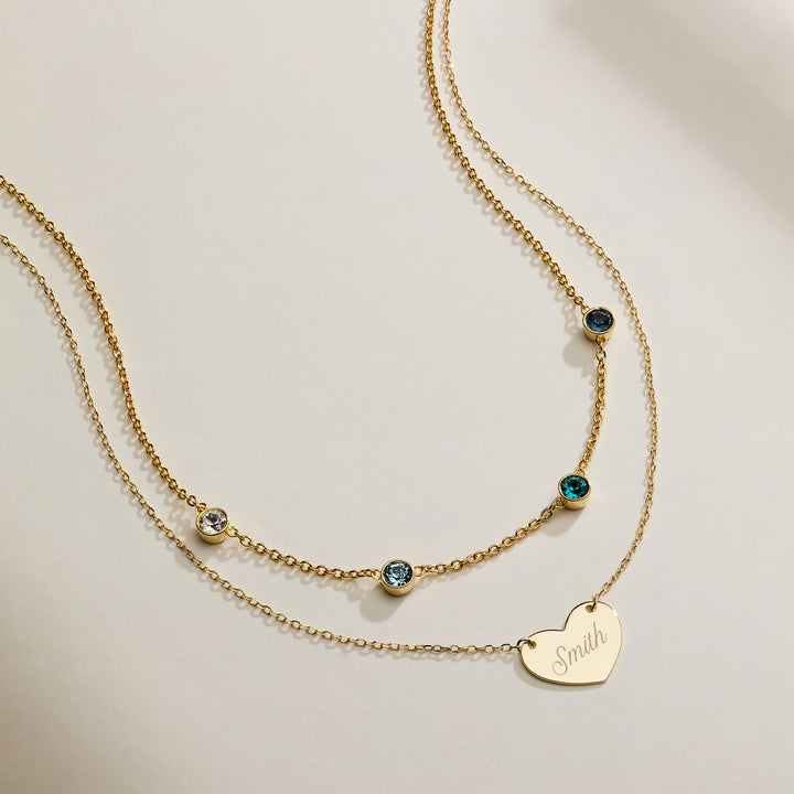 Custom Bezel Birthstone and Engravable Heart Layering Set