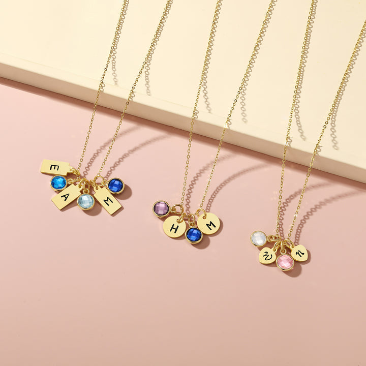Hand Stamped Rectangle Initial Birthstone Gold Necklace