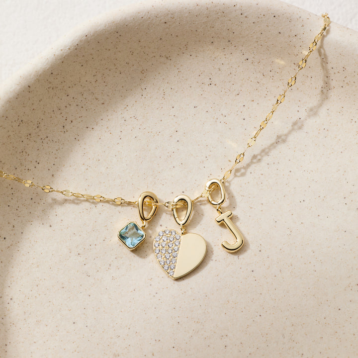 Custom Birthstone and Initial Heart Charm Necklace