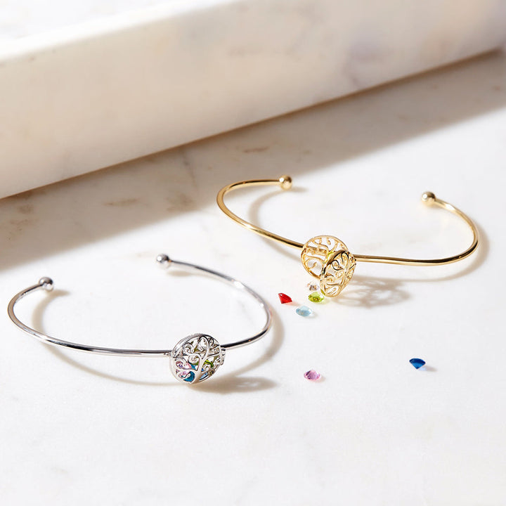 Custom Family Tree Round Birthstone Cuff Bracelet