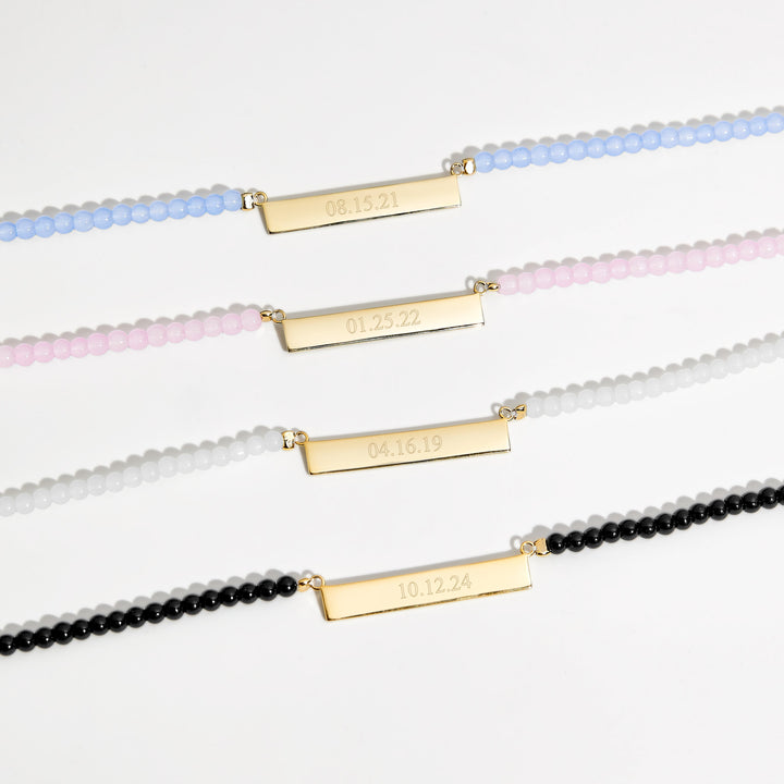 Engravable Beaded Date Bar Necklace