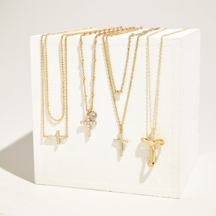 CZ Sideways Cross Layered Necklace Set