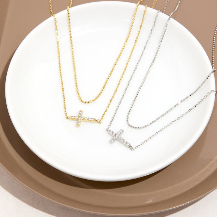 CZ Sideways Cross Layered Necklace Set