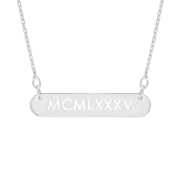 Oval Name Bar Cutout Roman Numeral Silver Necklace