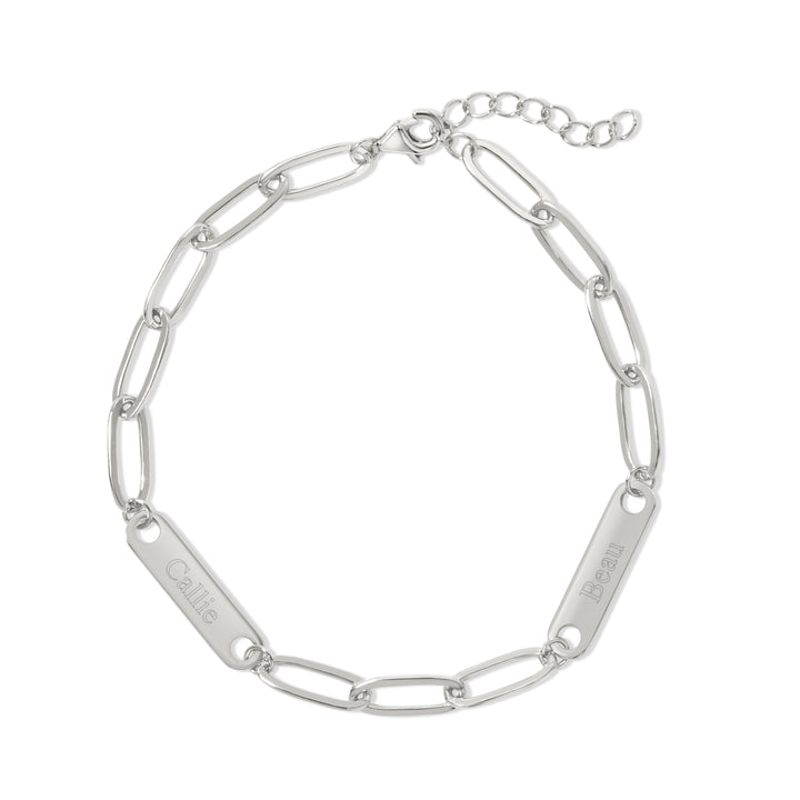 Sterling Silver Paperclip Chain Engravable Two Name Bar Bracelet