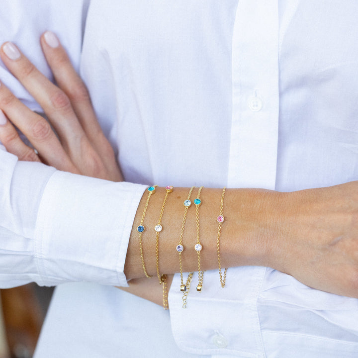 Three Stone Floating Bezel Set Gold Birthstone Bracelet