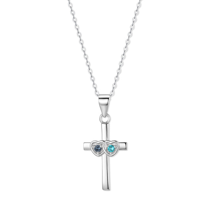 2 Stone Custom Birthstone Sterling Silver Couples Cross Pendant