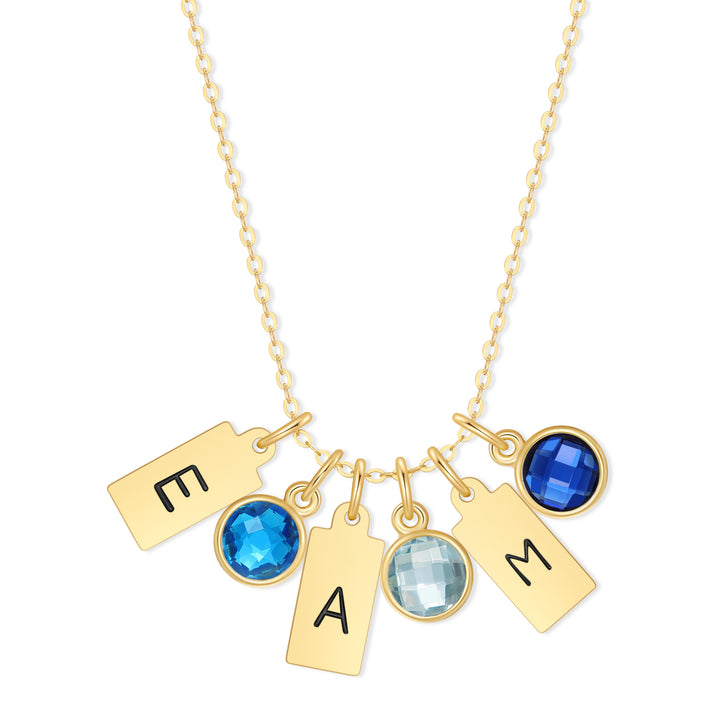 Hand Stamped Rectangle Initial Birthstone Gold Necklace