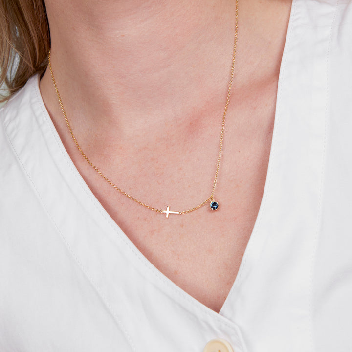 Custom Bezel Set Cross Birthstone Necklace