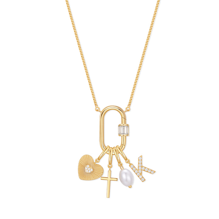 Carabiner Initial Pearl Charm Necklace
