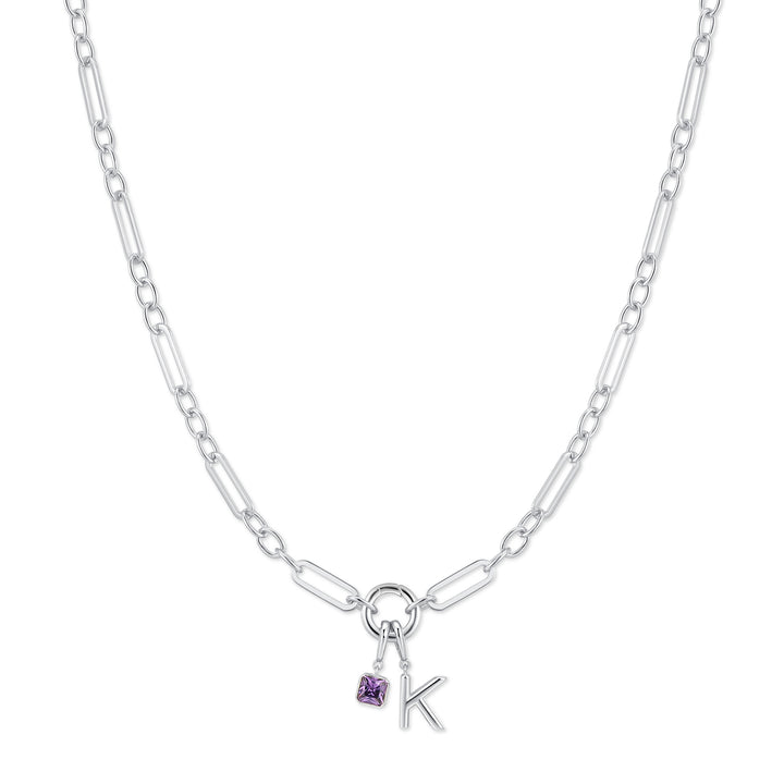 Custom Birthstone and Initial Paperclip Charm Necklace
