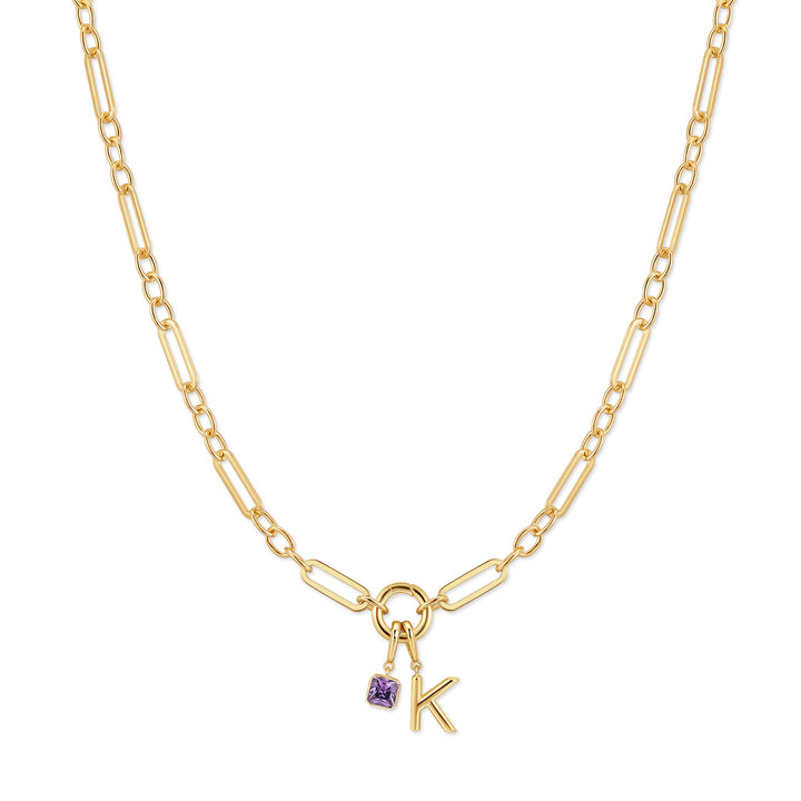 Custom Birthstone and Initial Paperclip Charm Necklace