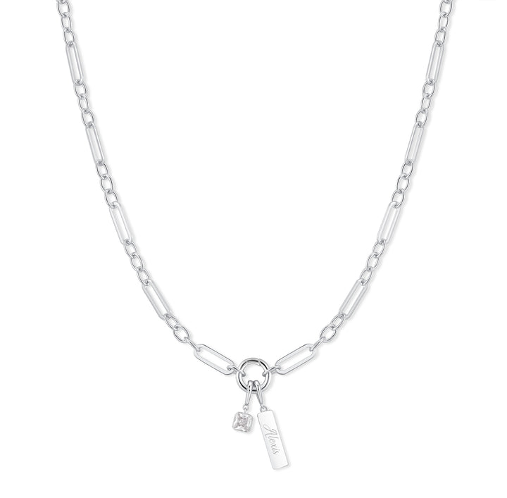 Engravable Birthstone Bar Paperclip Charm Necklace