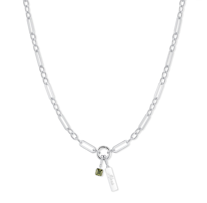 Engravable Birthstone Bar Paperclip Charm Necklace