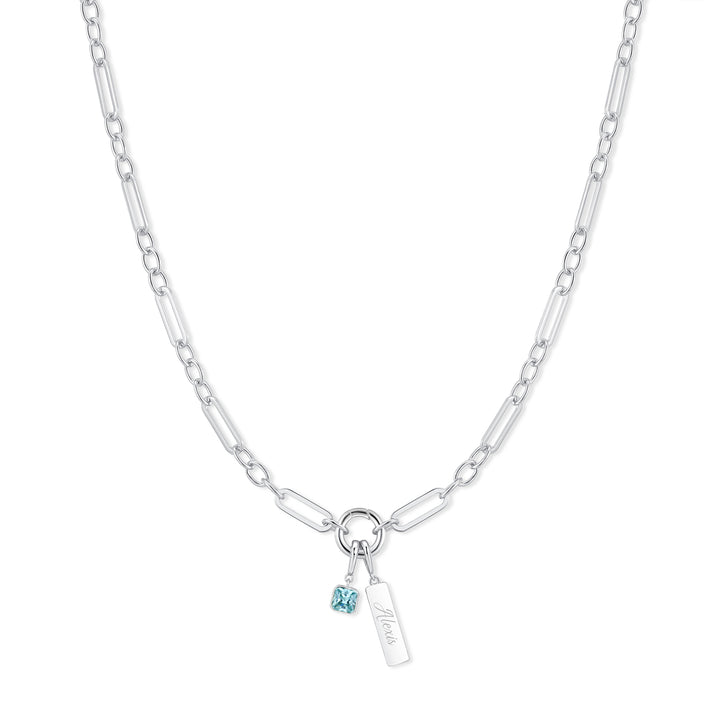 Engravable Birthstone Bar Paperclip Charm Necklace