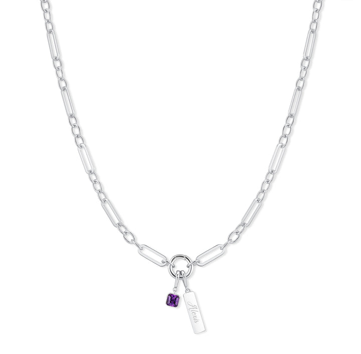 Engravable Birthstone Bar Paperclip Charm Necklace