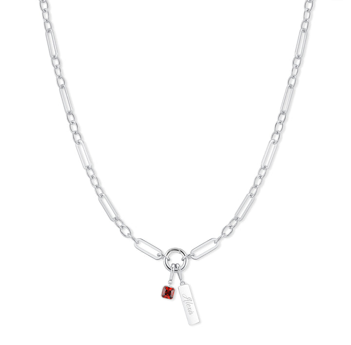 Engravable Birthstone Bar Paperclip Charm Necklace