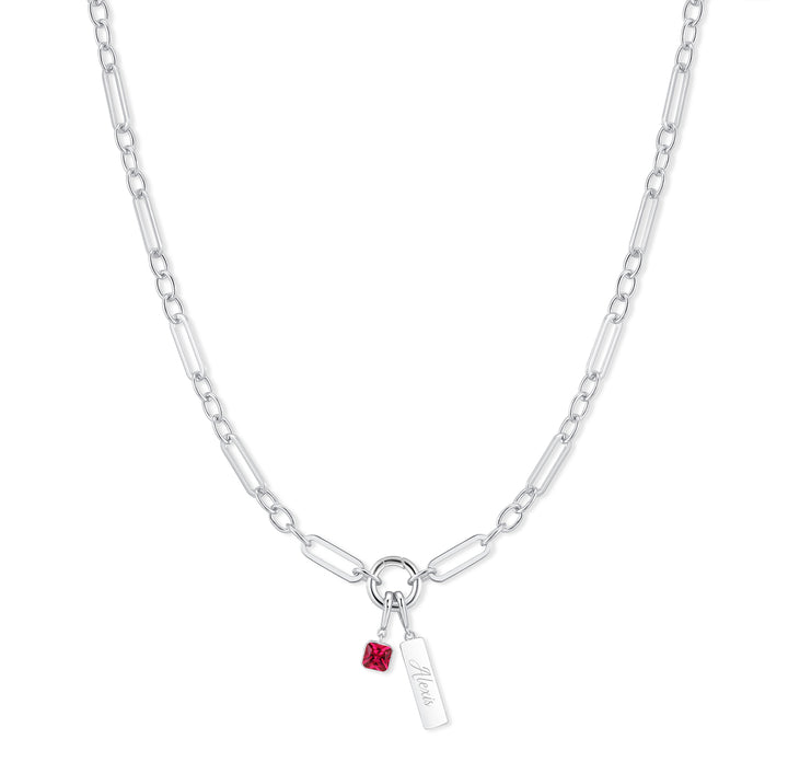 Engravable Birthstone Bar Paperclip Charm Necklace