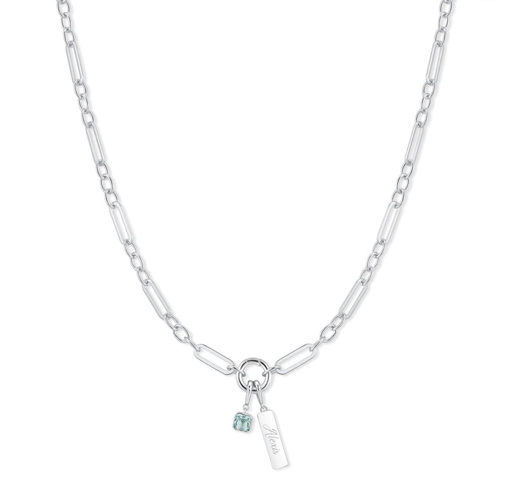 Engravable Birthstone Bar Paperclip Charm Necklace