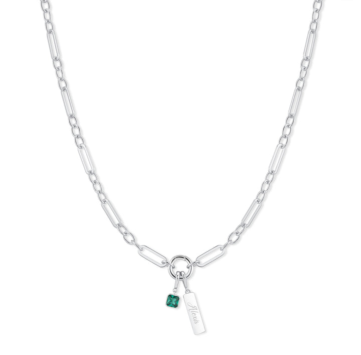 Engravable Birthstone Bar Paperclip Charm Necklace