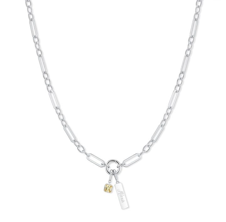 Engravable Birthstone Bar Paperclip Charm Necklace