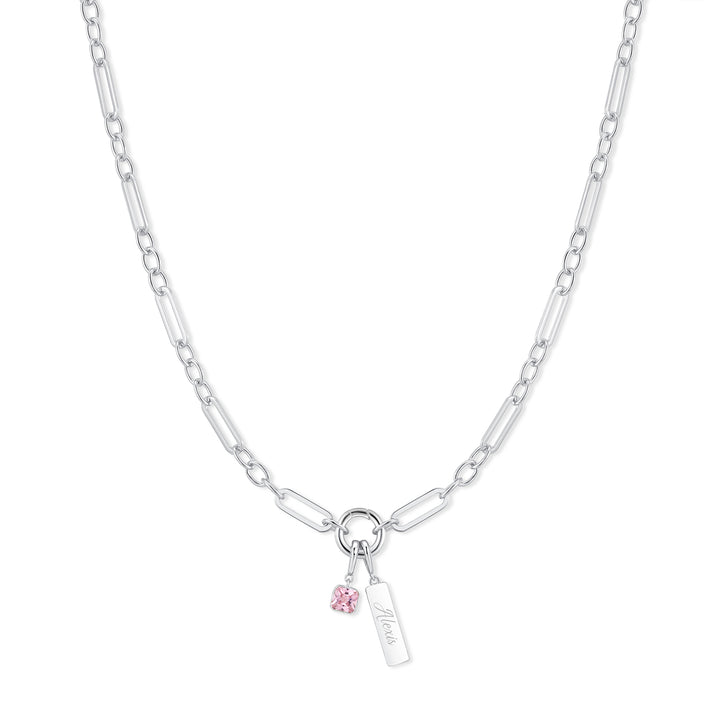 Engravable Birthstone Bar Paperclip Charm Necklace