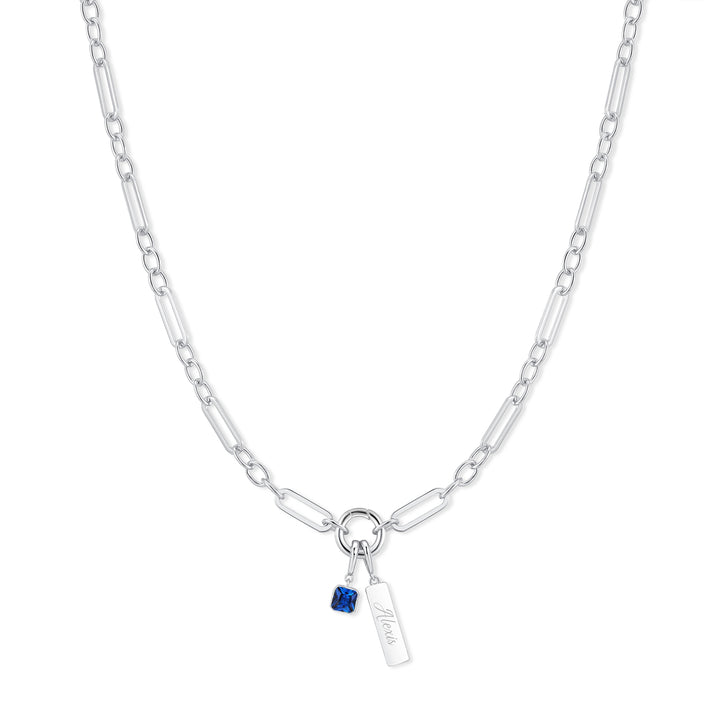 Engravable Birthstone Bar Paperclip Charm Necklace