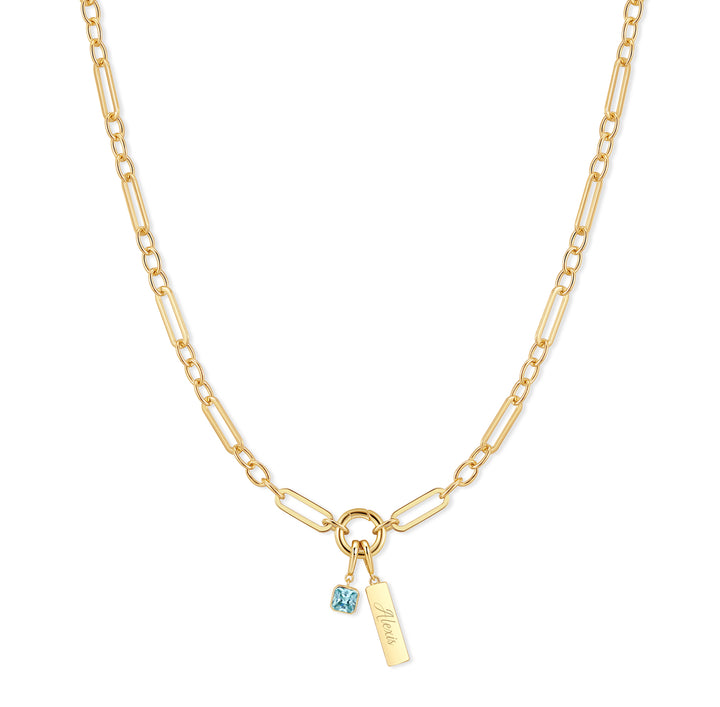 Engravable Birthstone Bar Paperclip Charm Necklace
