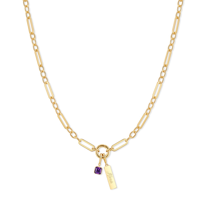 Engravable Birthstone Bar Paperclip Charm Necklace