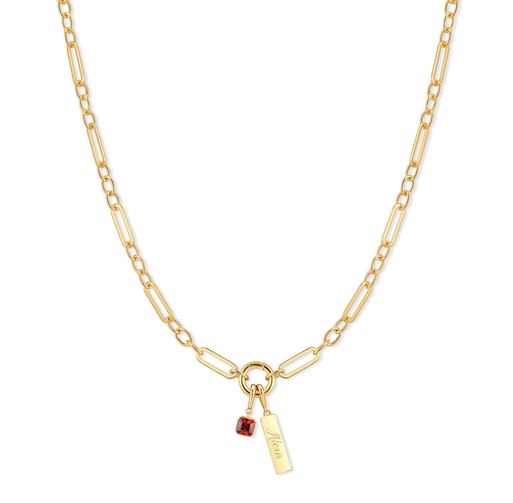 Engravable Birthstone Bar Paperclip Charm Necklace