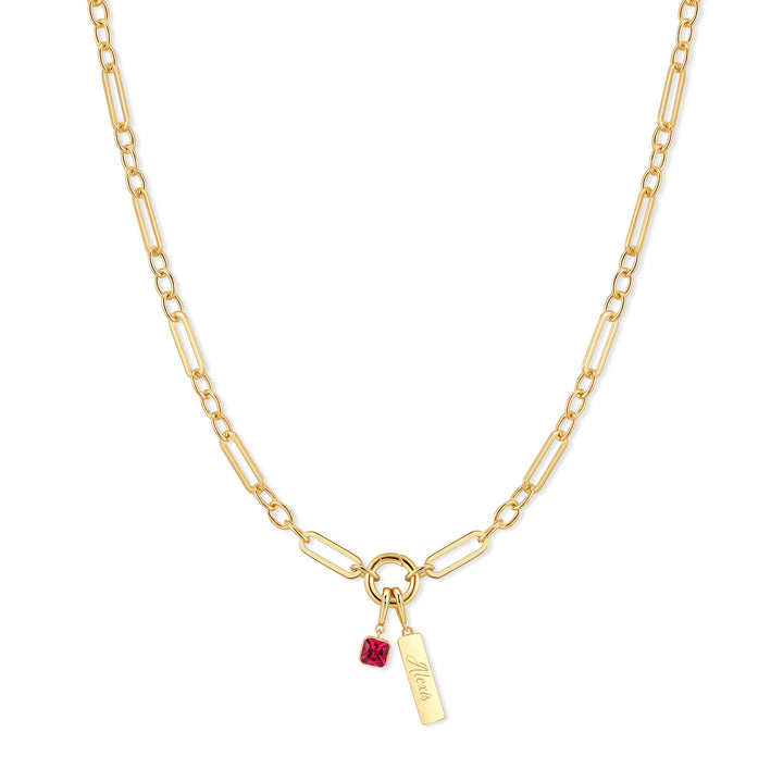 Engravable Birthstone Bar Paperclip Charm Necklace