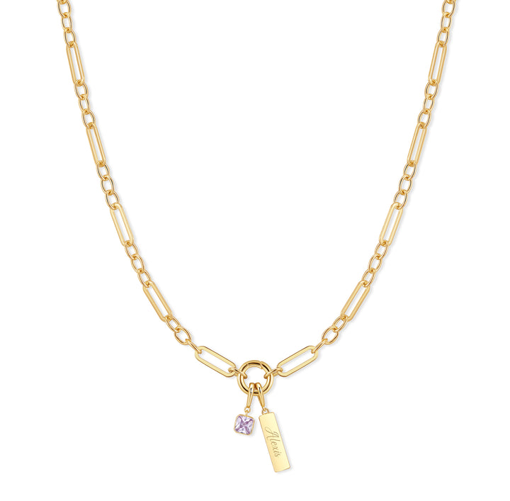 Engravable Birthstone Bar Paperclip Charm Necklace