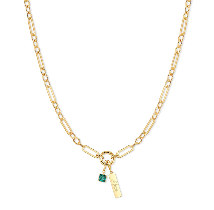 Engravable Birthstone Bar Paperclip Charm Necklace