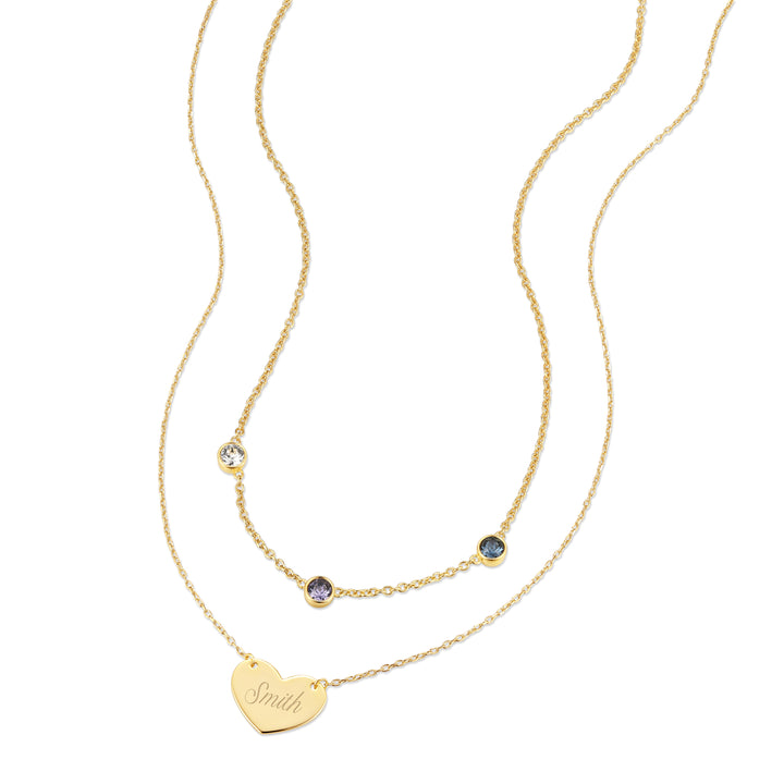 Custom Bezel Birthstone and Engravable Heart Layering Set