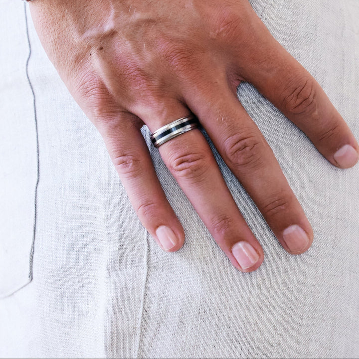 Mens Stainless Steel Band with Single Black Inlay