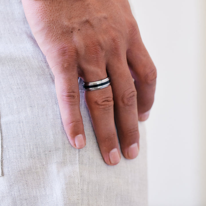 Mens Stainless Steel Band with Single Black Inlay