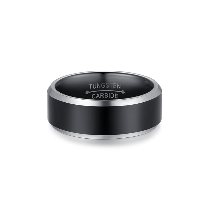 8 mm Black Tungsten Ring with Silver Beveled Edges