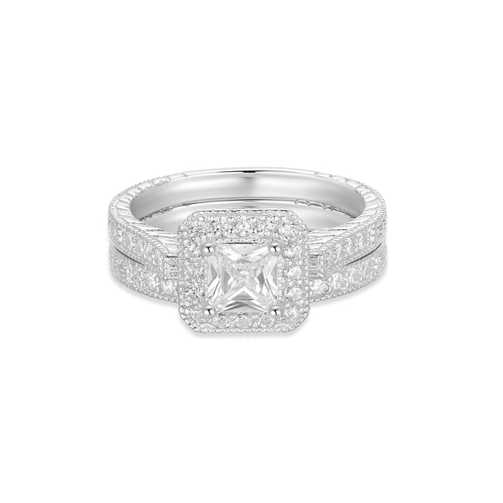 Princess Cut Halo Heirloom CZ Wedding Ring Set