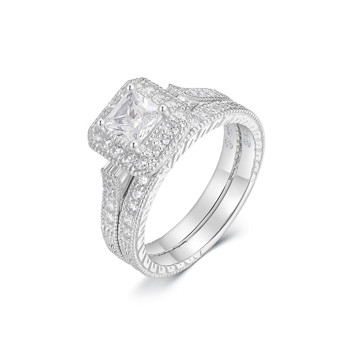Princess Cut Halo Heirloom CZ Wedding Ring Set