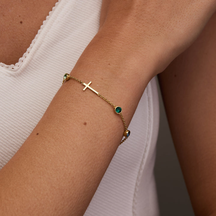 Custom Bezel Set Cross Birthstone Bracelet