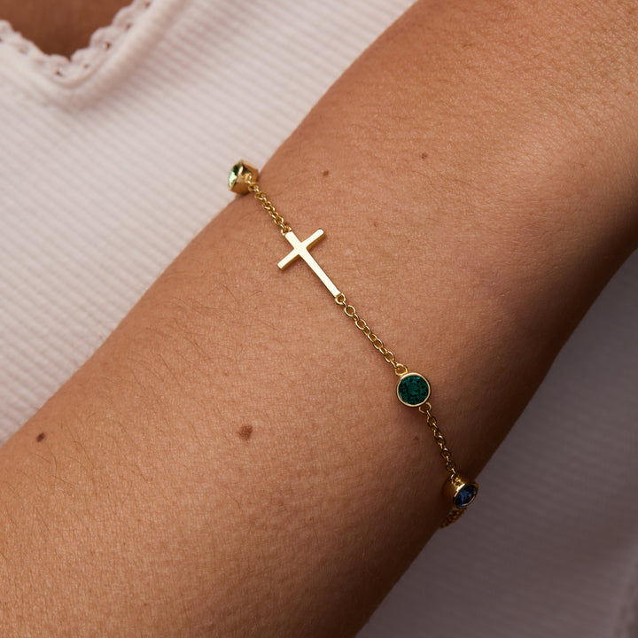 Custom Bezel Set Cross Birthstone Bracelet