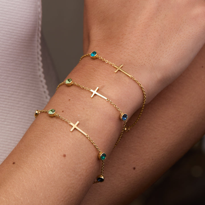 Custom Bezel Set Cross Birthstone Bracelet