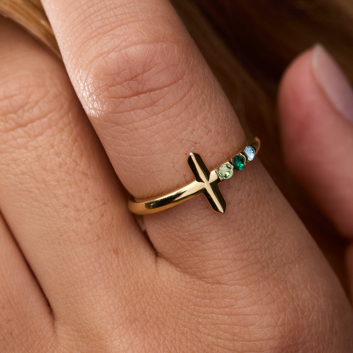 Custom Cross Birthstone Ring