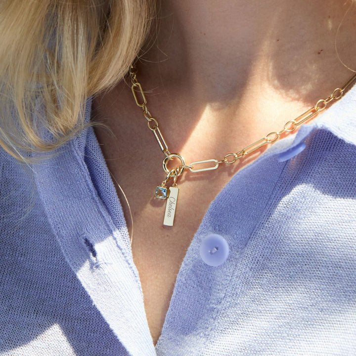 Engravable Birthstone Bar Paperclip Charm Necklace