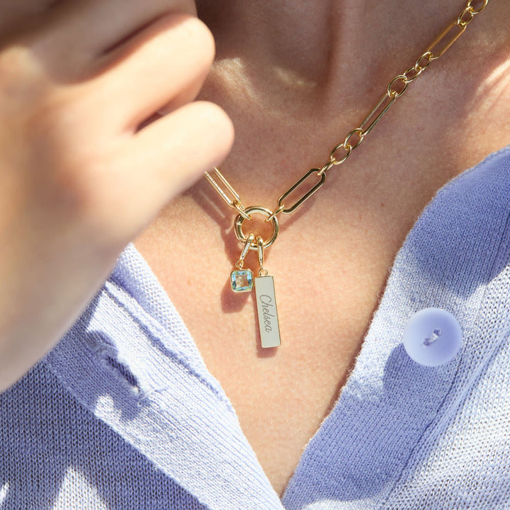 Engravable Birthstone Bar Paperclip Charm Necklace
