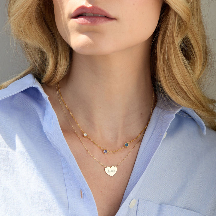 Custom Bezel Birthstone and Engravable Heart Layering Set