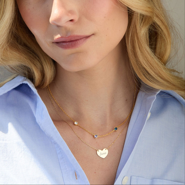 Custom Bezel Birthstone and Engravable Heart Layering Set